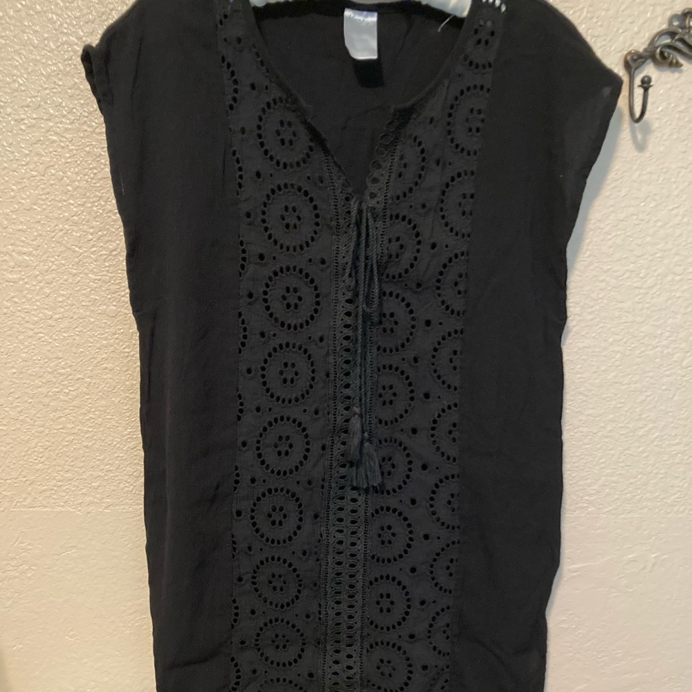 Black swim cover with tie and lace. EUC. Roomy size Small, fits a Medium